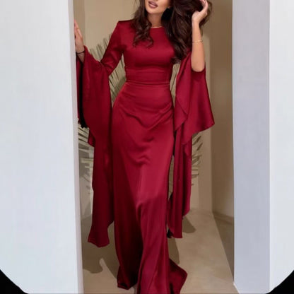 Women Satin Bell Sleeve Ruched Evening Maxi Dress