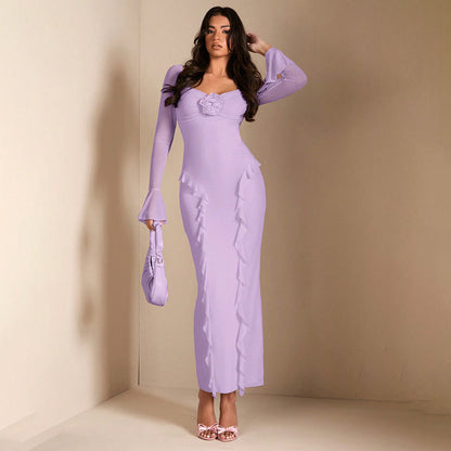 V Neck Bell Sleeve Ruffle Bodycon Midi Dress