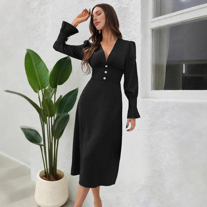V-Neck Long Sleeve Button Front Midi Shirt Dress