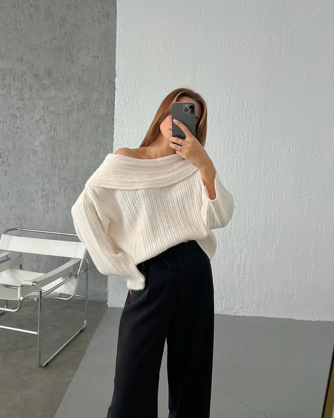 Womens Off Shoulder Bell Sleeve Sweater Oversized Knit Top