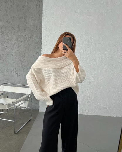 Womens Off Shoulder Bell Sleeve Sweater Oversized Knit Top