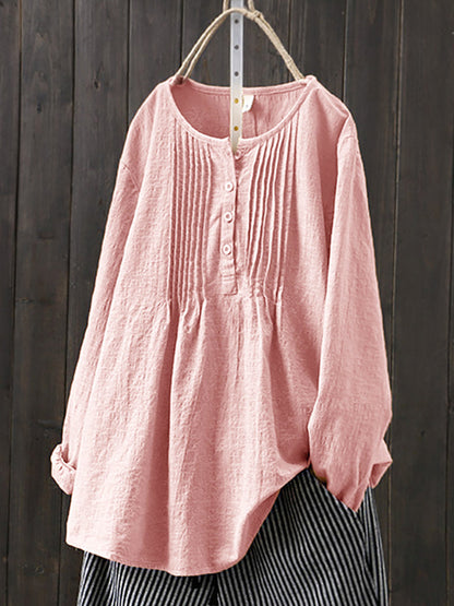 Women's Cotton Linen Pleated Blouse Plus Size Top