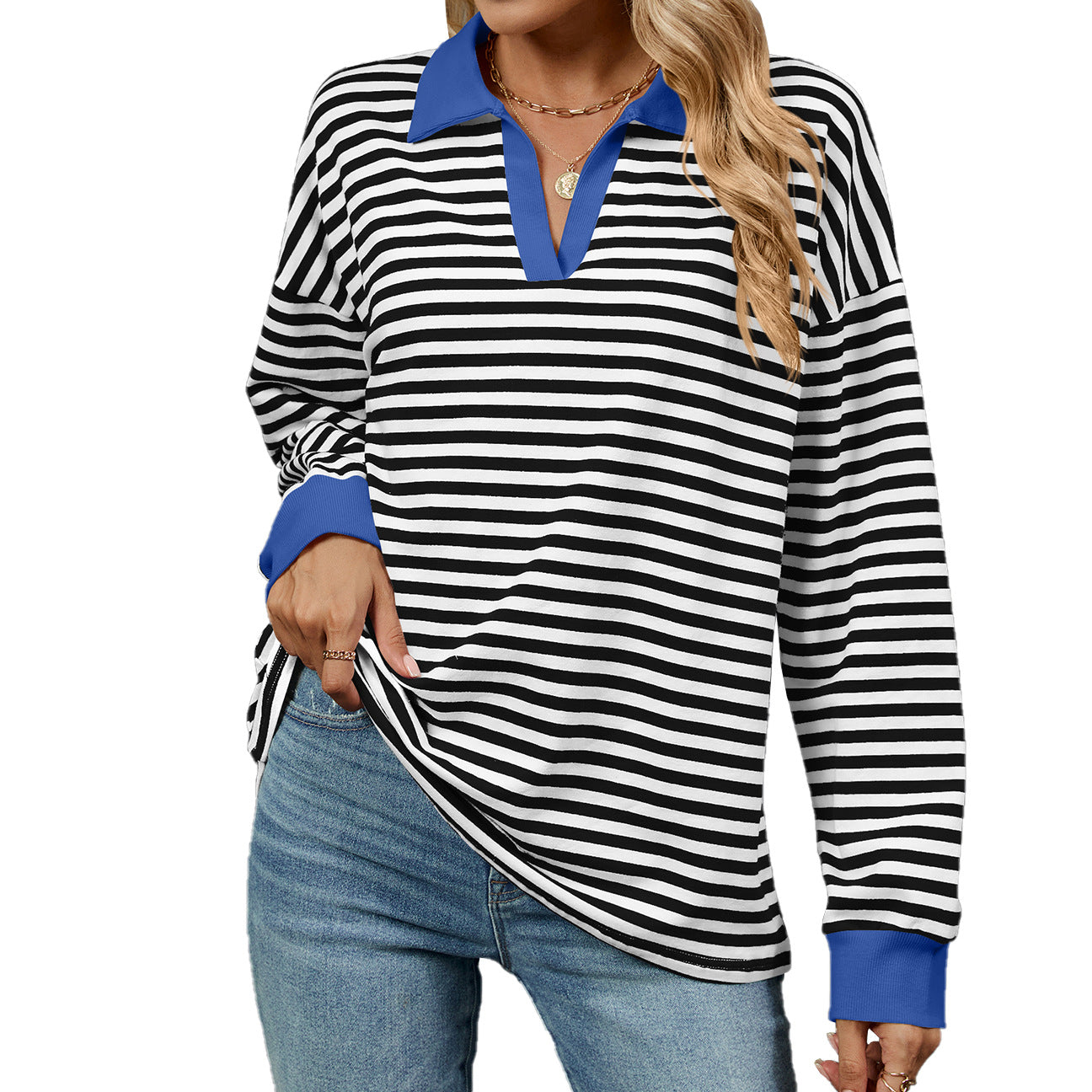 Women's Oversized Striped Collared Sweatshirt Pullover