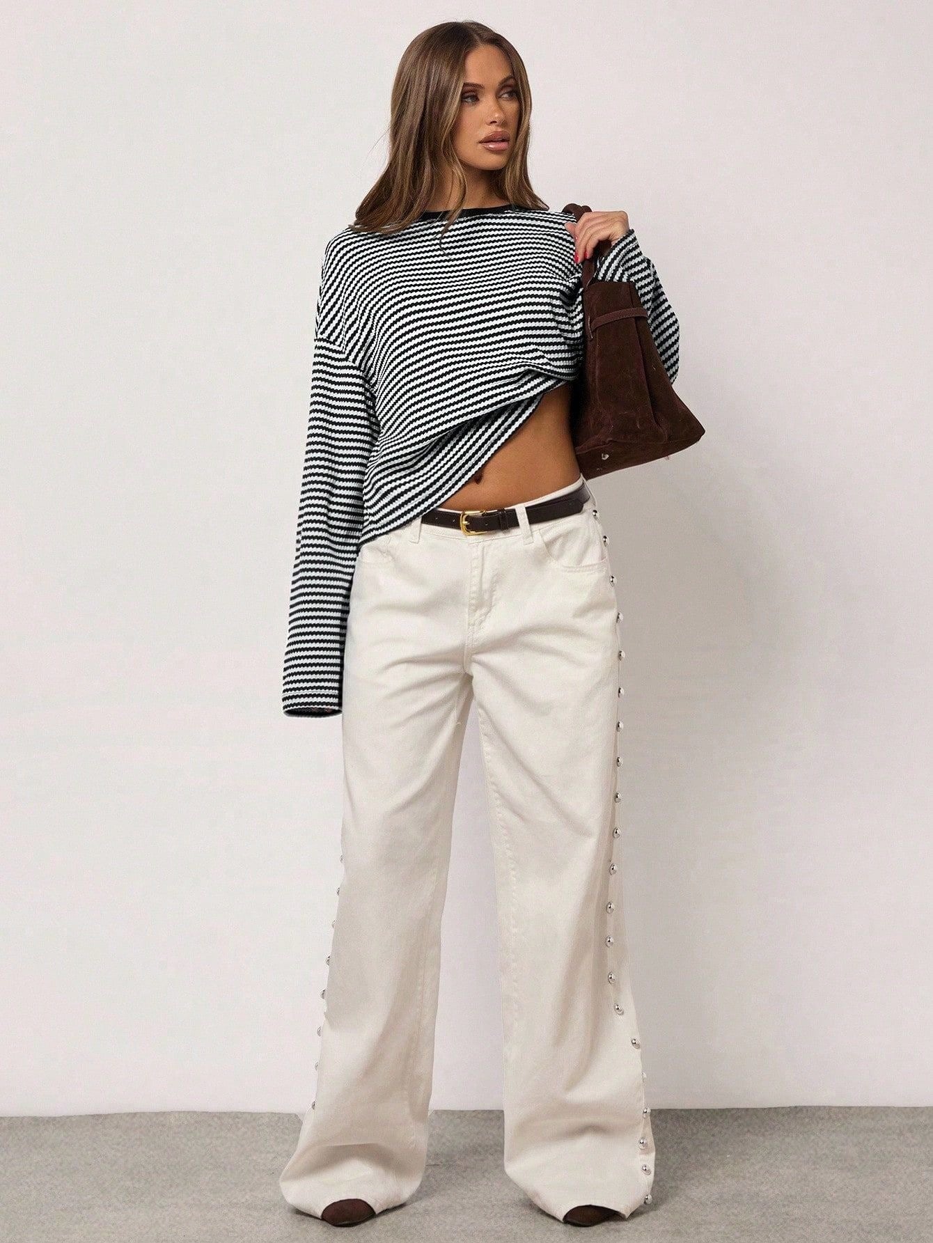 Brown Striped Long Sleeve Knit Top Oversized Casual Tee