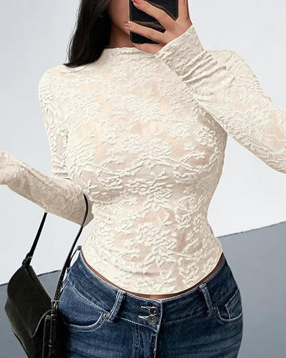 Sheer Lace Mock Neck Long Sleeve Fitted Top