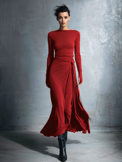 Women's Long Sleeve Knit Twist Front Wrap Maxi Dress