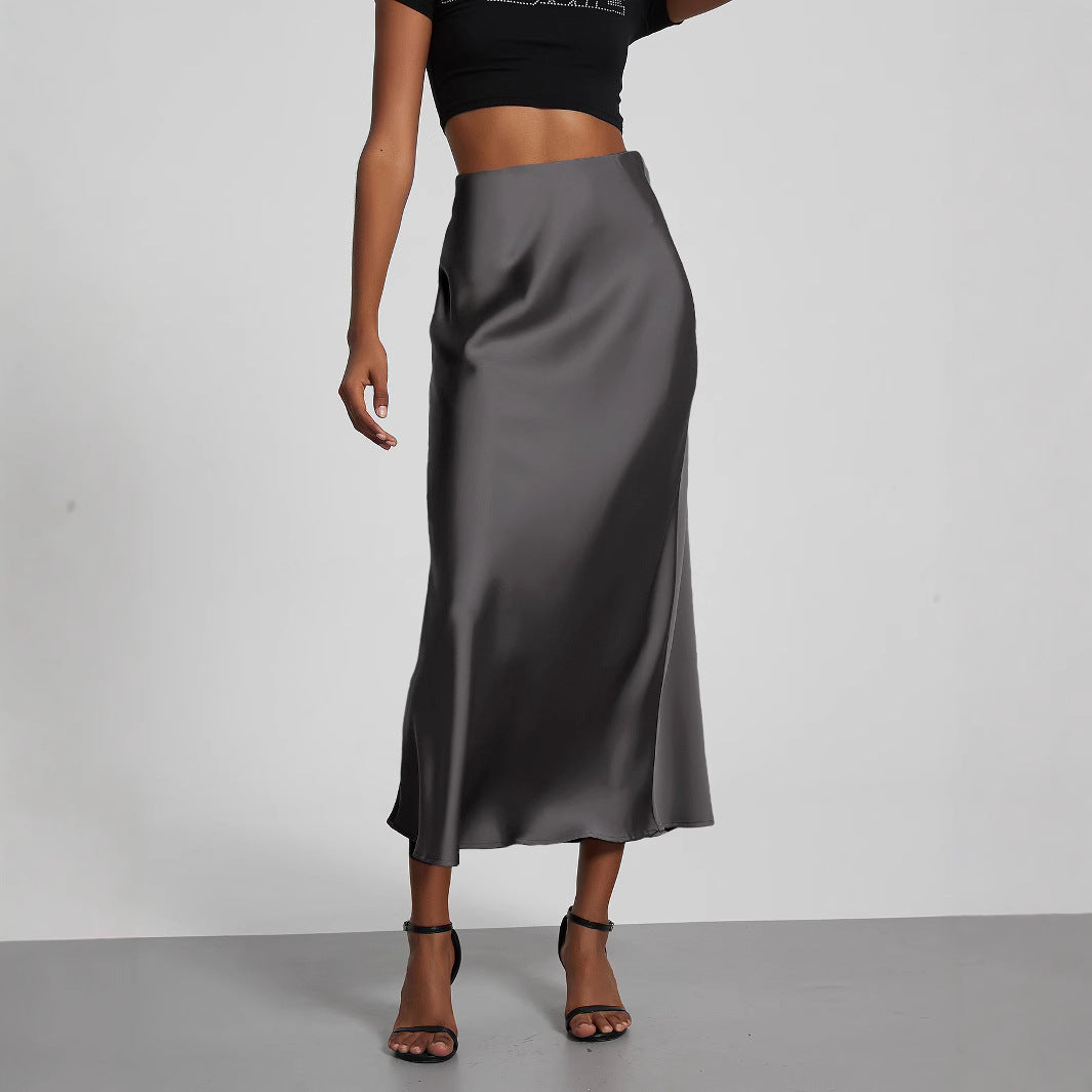 Women's Satin Midi Skirt High Waist Silky Flowy Elegant