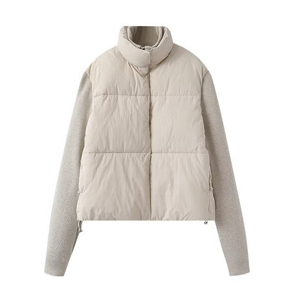 Women's Puffer Jacket Knit Sleeves Stand Collar Zip
