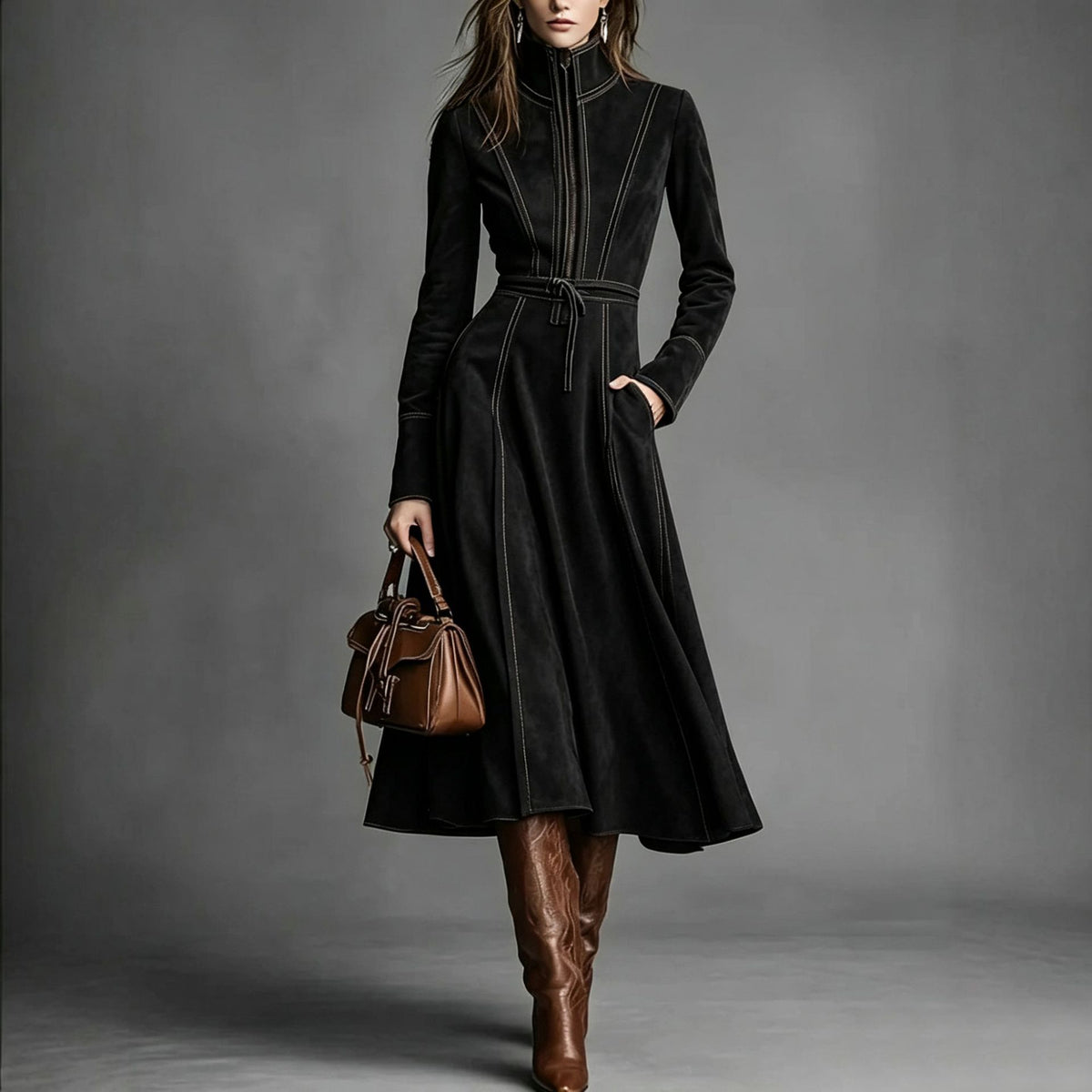 Vintage Faux Suede Long Sleeve Belted Zip Front Maxi Dress