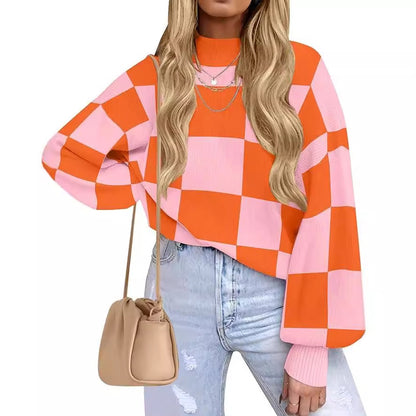 Women's Checkered Mock Neck Balloon Sleeve Sweater