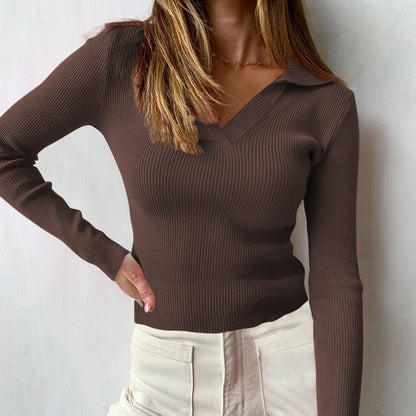 Women's Ribbed Polo V Neck Long Sleeve Fitted Top