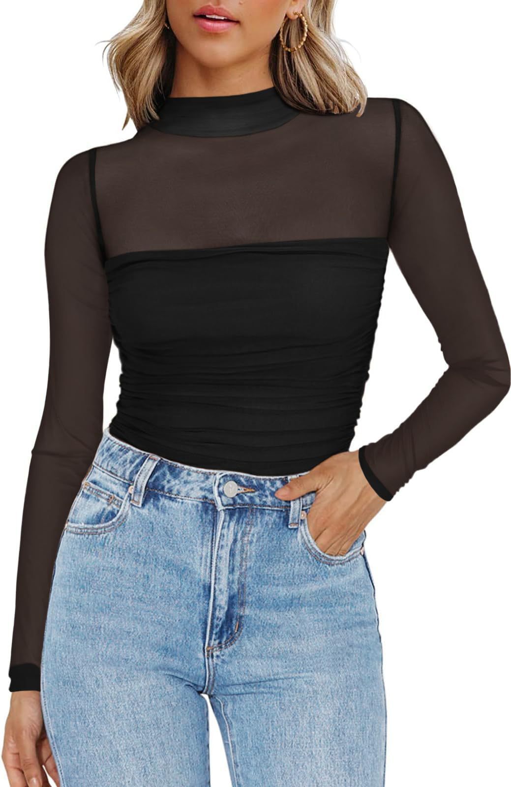 Y2K Mesh Semi-Turtleneck Long Sleeve Sexy T-Shirt