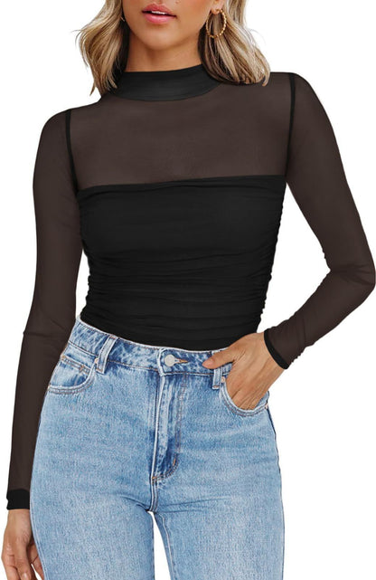 Y2K Mesh Semi-Turtleneck Long Sleeve Sexy T-Shirt