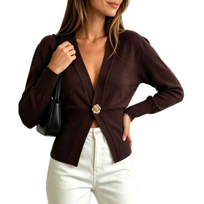 Women's Cropped V-Neck Single Button Fitted Cardigan