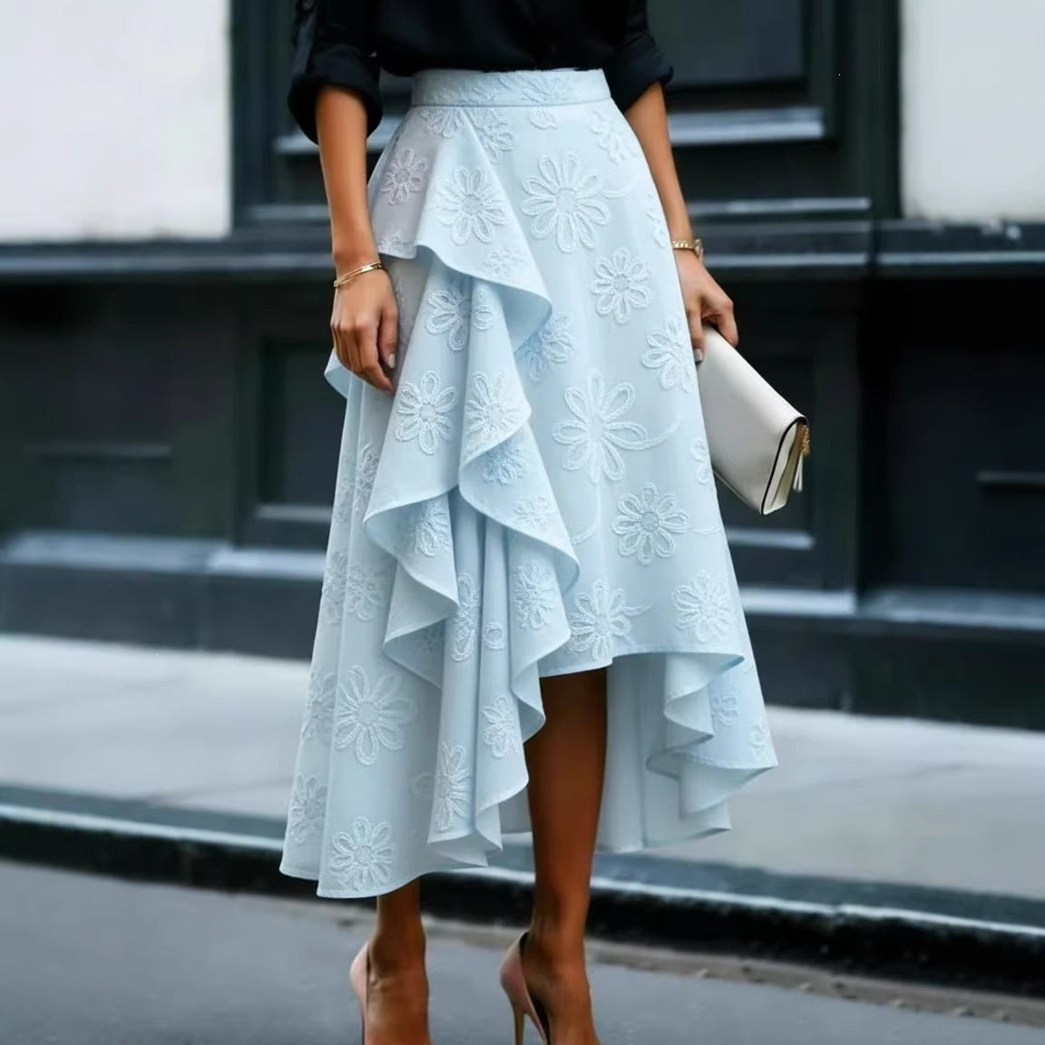 Women's Floral Asymmetrical Ruffle Midi Skirt