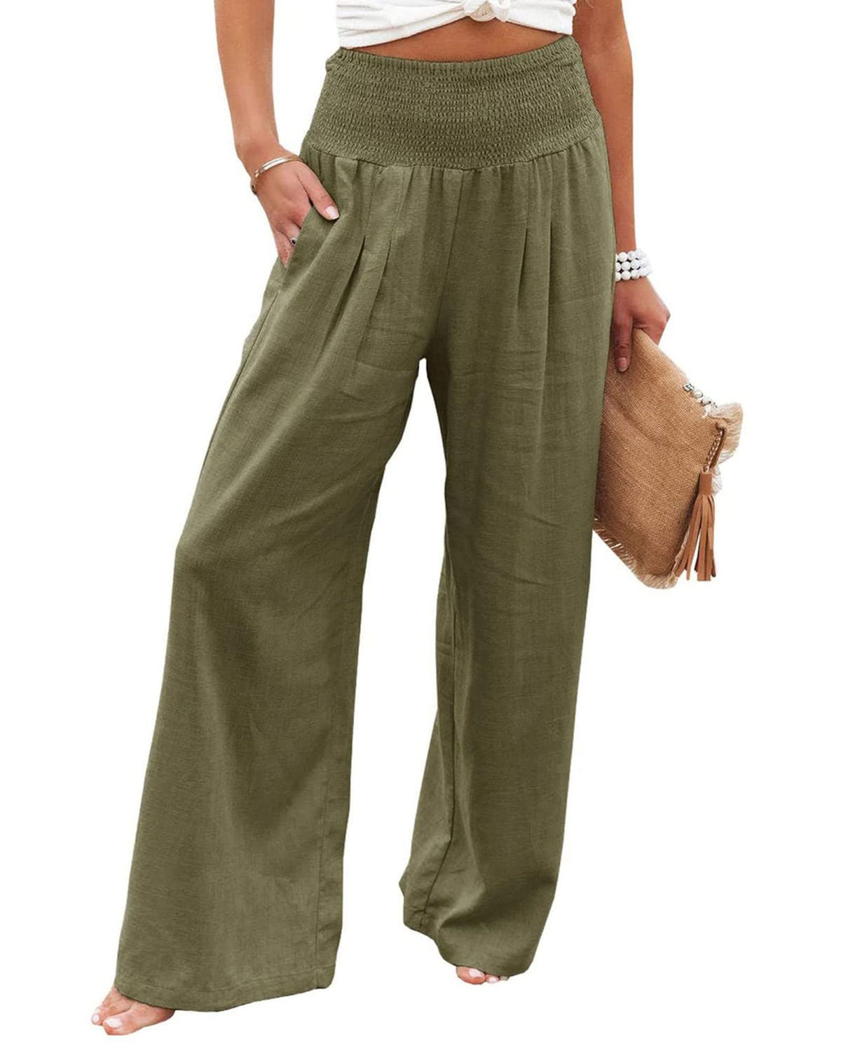Women's Smocked High Waist Wide Leg Cotton Pants Pockets