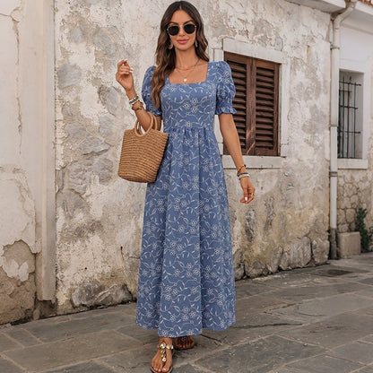 Floral Square Neck Puff Sleeve Maxi Dress Resort Style