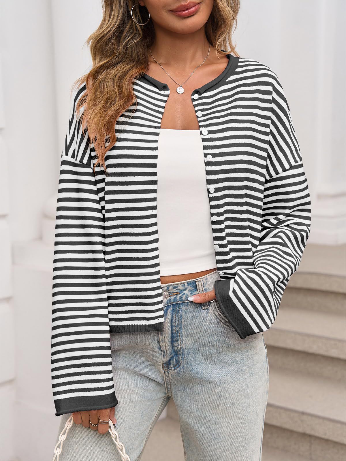Striped Color Block Cardigan Sweater | Long Sleeve Casual Open Front