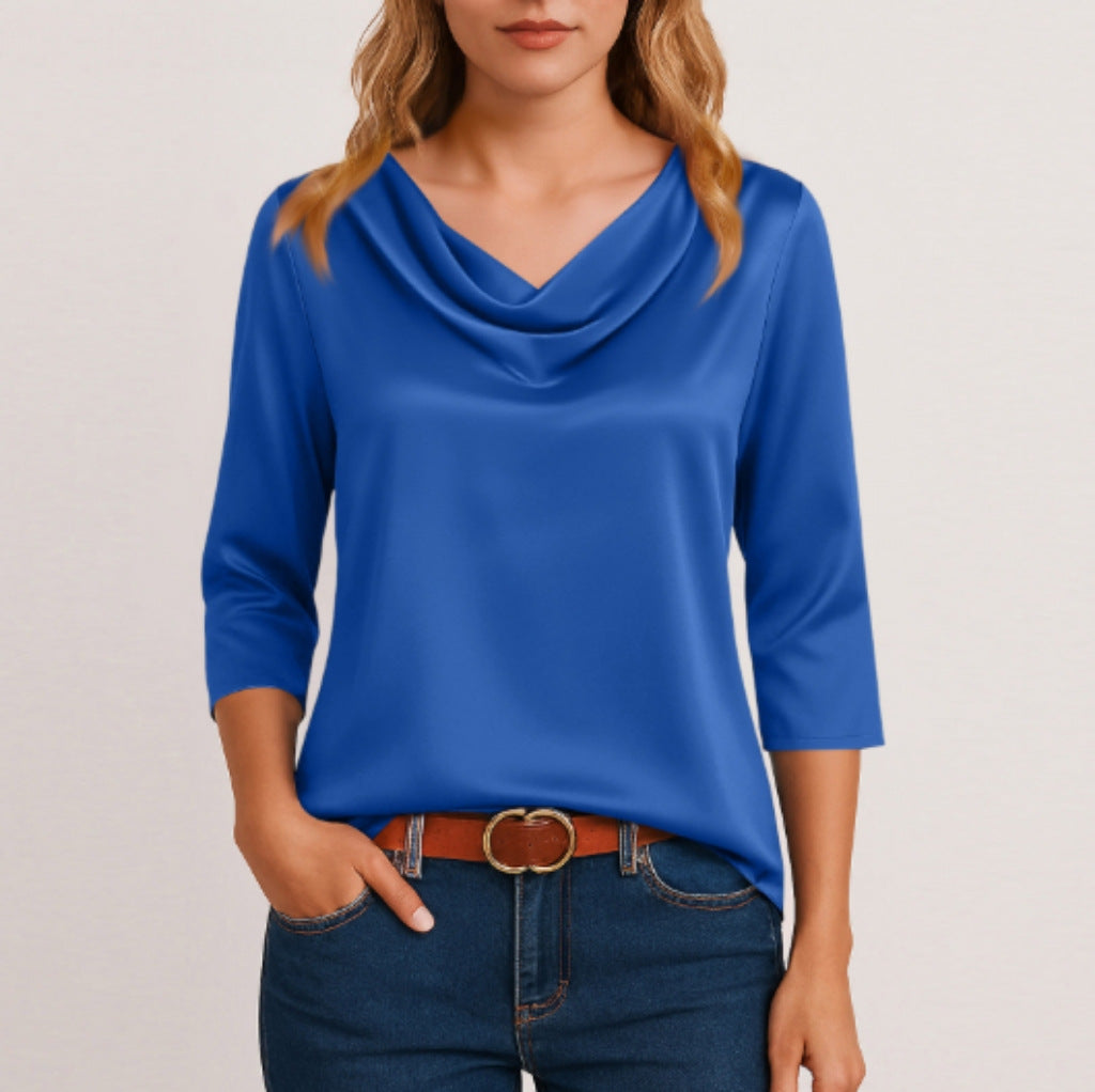 Women's Satin Cowl Neck Blouse 3/4 Sleeve Top