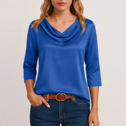 Women's Satin Cowl Neck Blouse 3/4 Sleeve Top