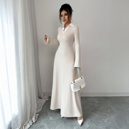 Ribbed Long Sleeve Collared Maxi Dress