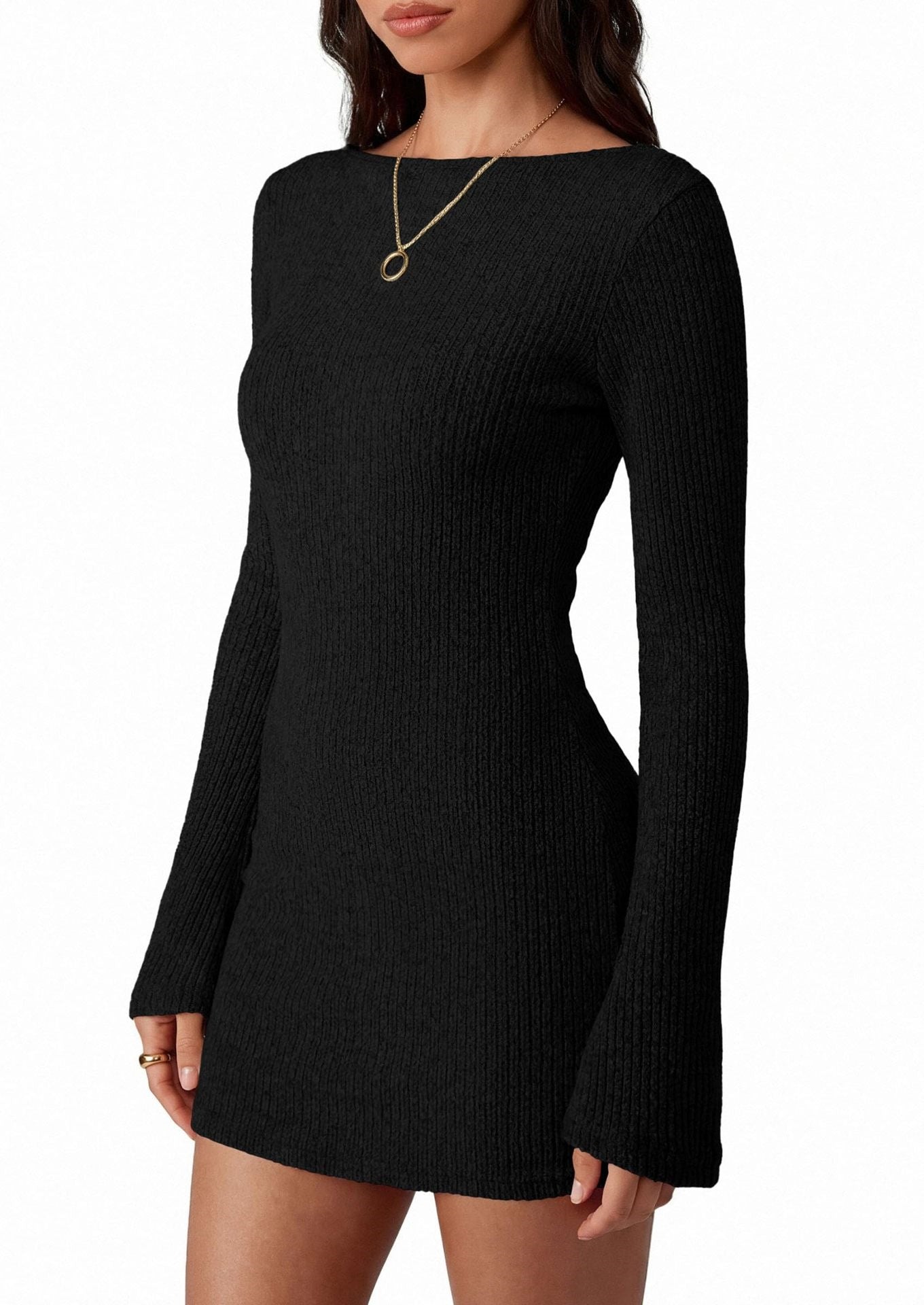 Solid ribbed knit bodycon mini dress bell sleeve