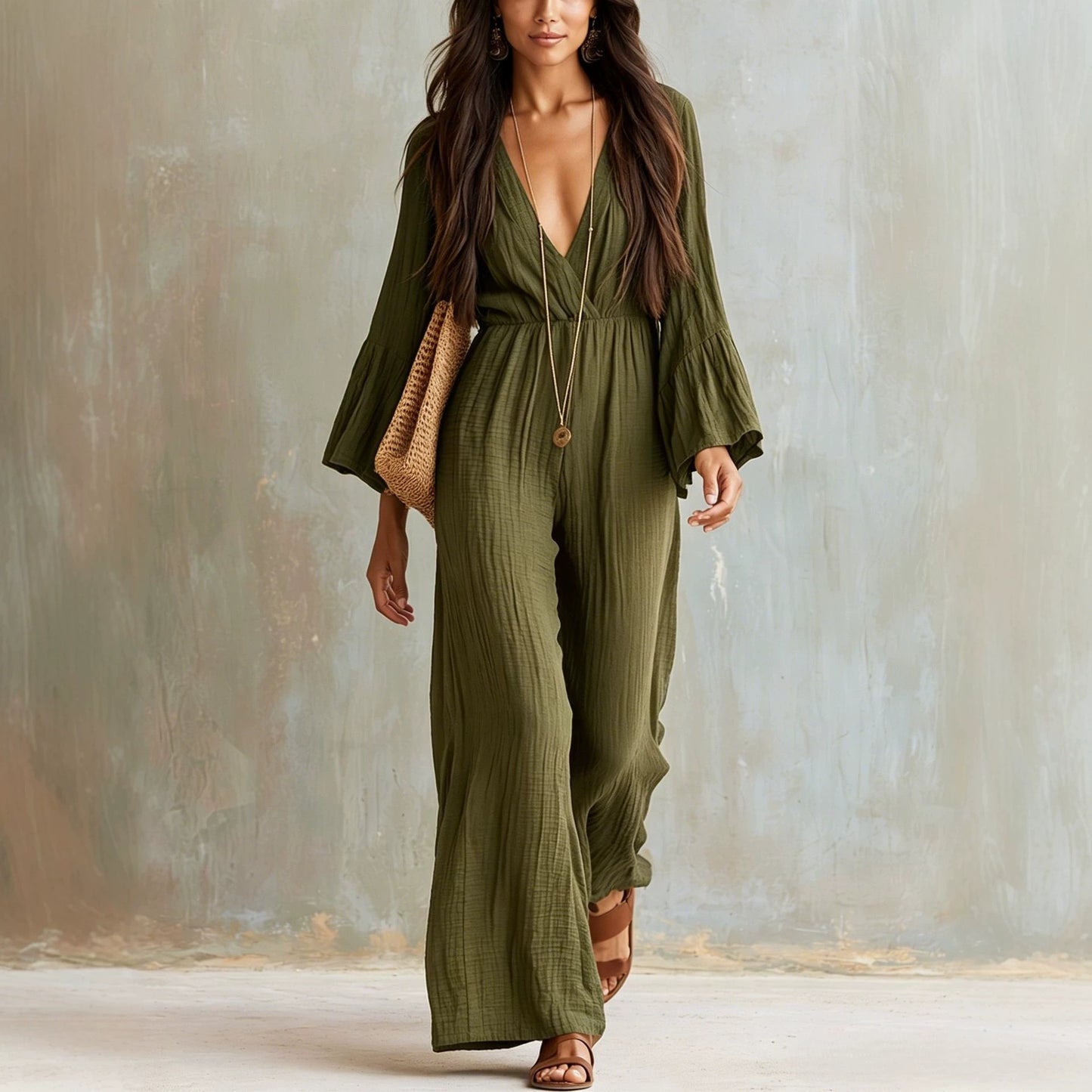 Women's Boho V-Neck Bell Sleeve Wide Leg Jumpsuit