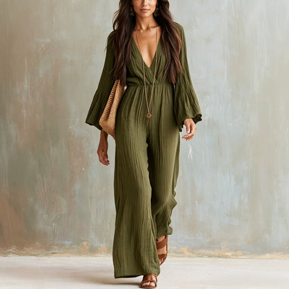 Women's Boho V-Neck Bell Sleeve Wide Leg Jumpsuit