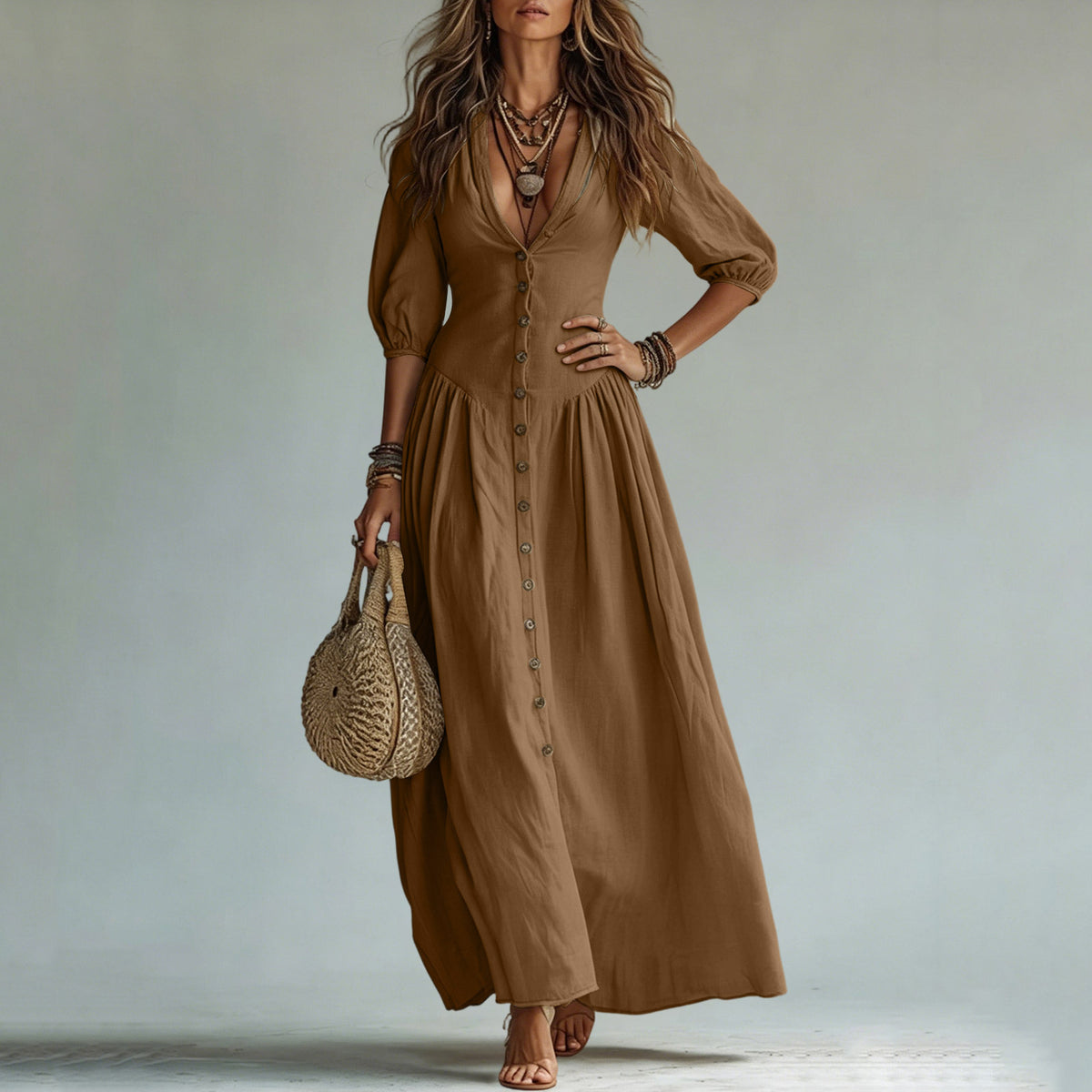 Cotton Button Down Maxi Dress Puff Sleeve V Neck Summer