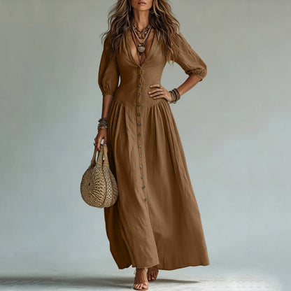 Cotton Button Down Maxi Dress Puff Sleeve V Neck Summer