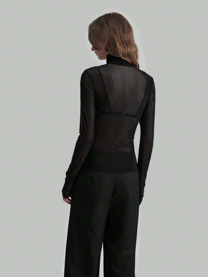 Solid Mesh Turtleneck Top Long Sleeve Fitted Blouse