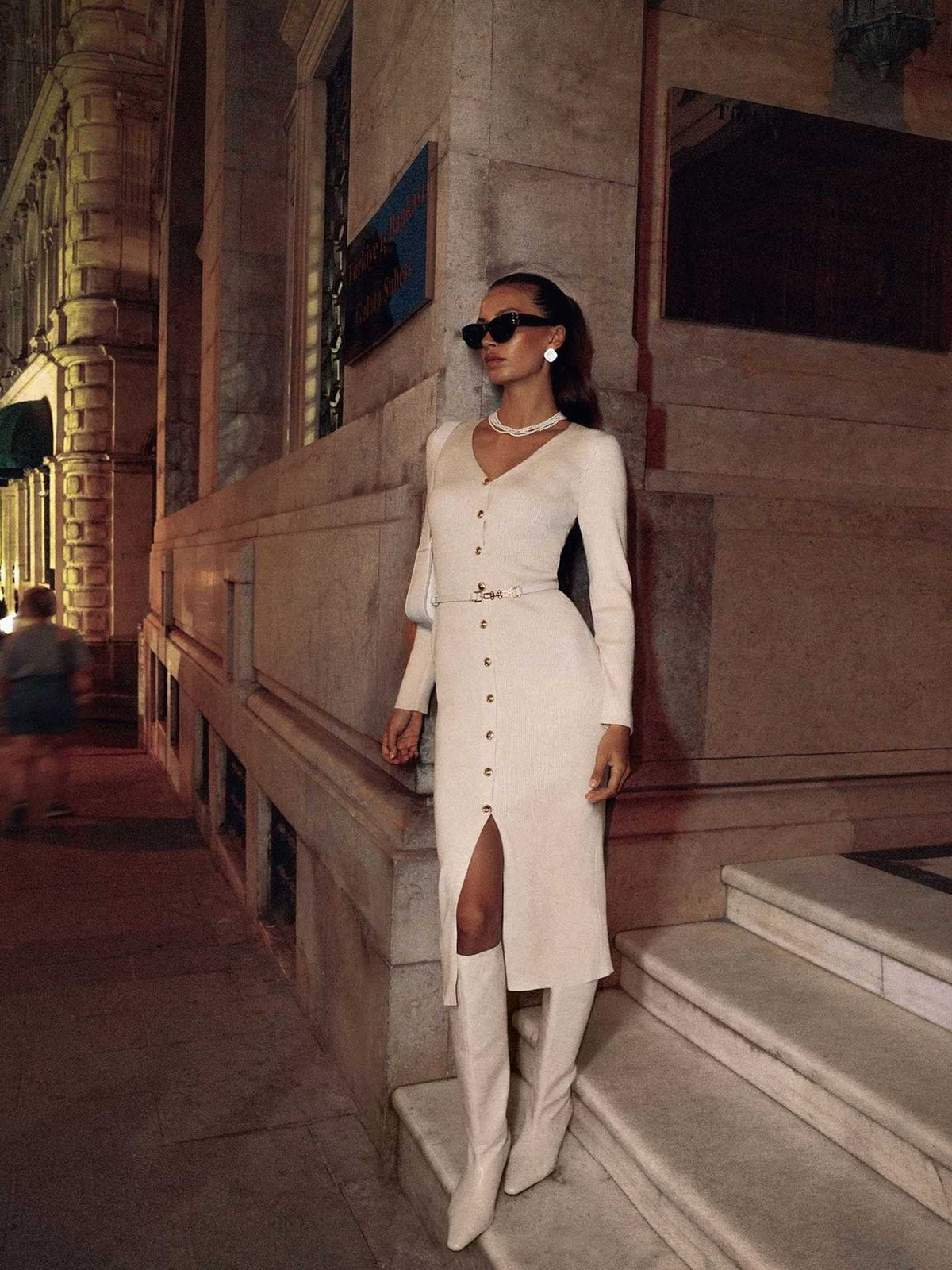 V Neck Ribbed Button Front Sweater Dress Long Sleeve Midi