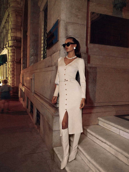 V Neck Ribbed Button Front Sweater Dress Long Sleeve Midi