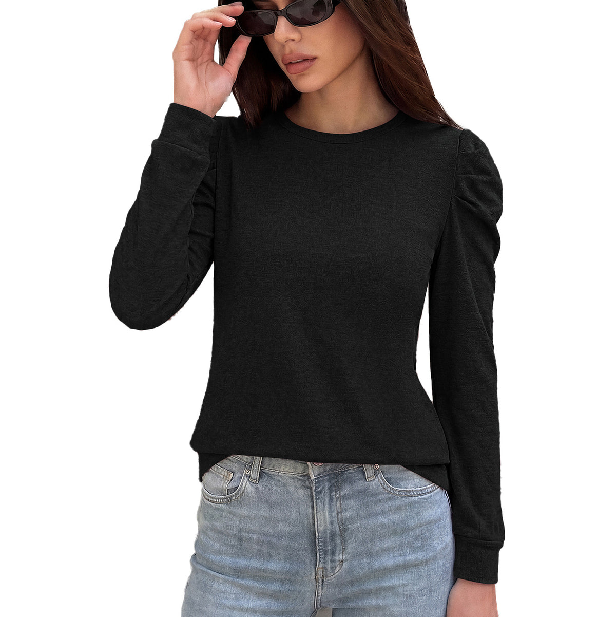 Women's Puff Sleeve Crew Neck Long Sleeve Solid Casual Top