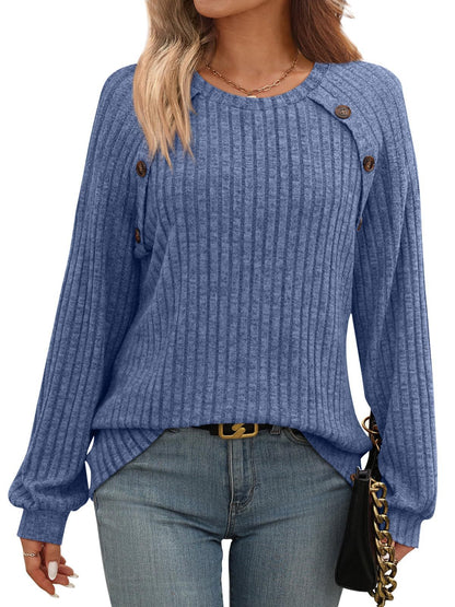 Ribbed Knit Crewneck Sweatshirt with Button Detail