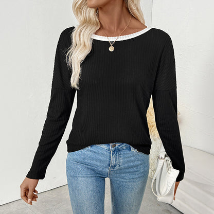 Open Back Bow Tie Contrast Ribbed Long Sleeve Top