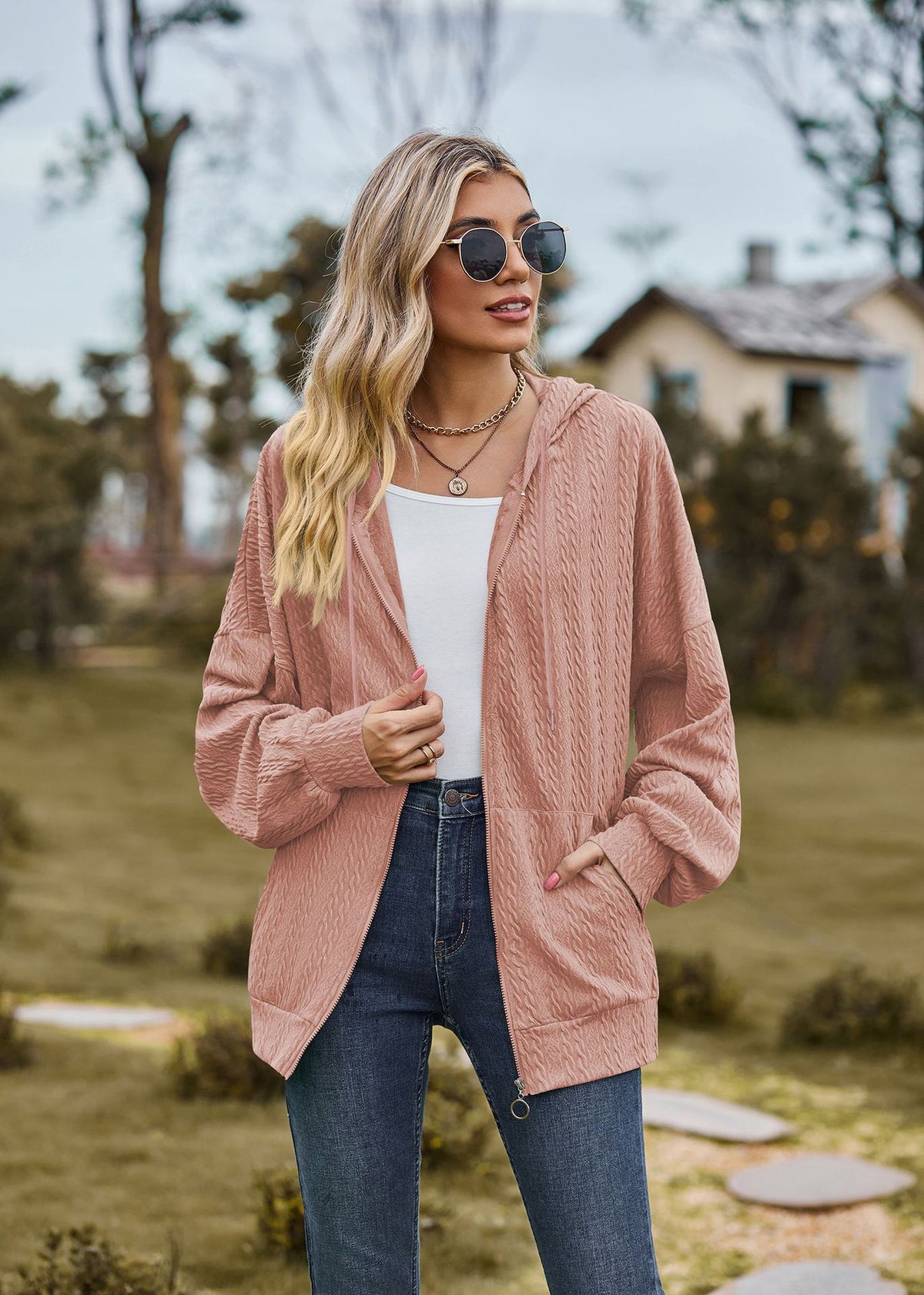 Oversized Textured Zip-Up Hoodie Jacket Pockets