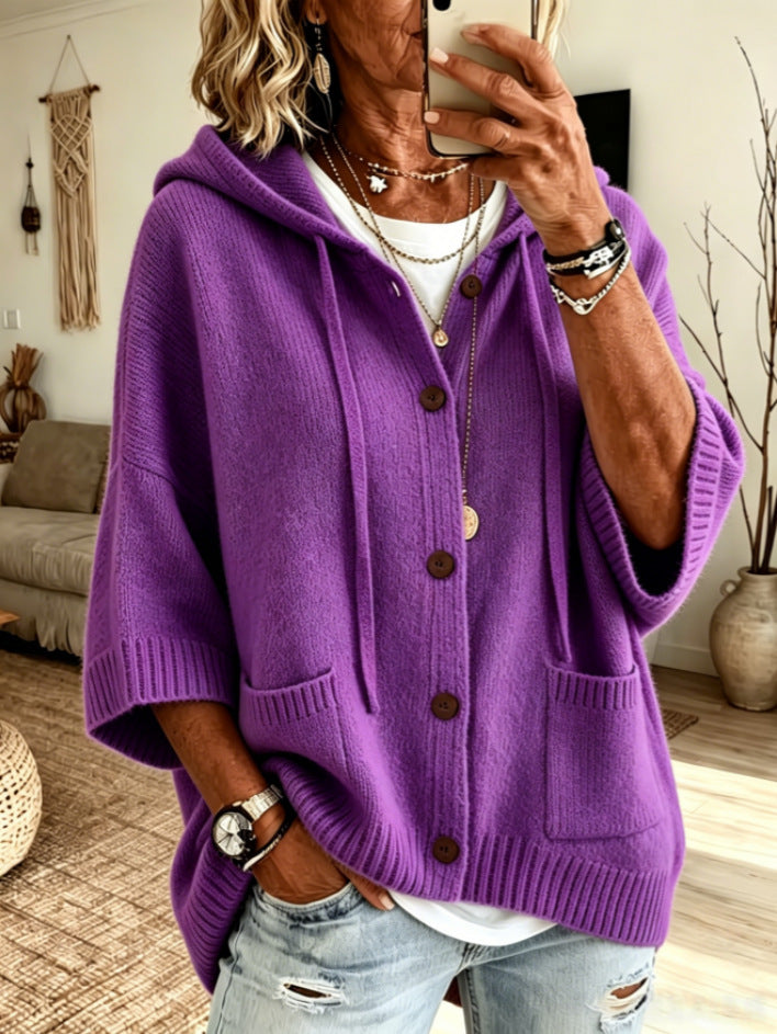 Women's Hooded Knit Cardigan Button Front Batwing Sleeve