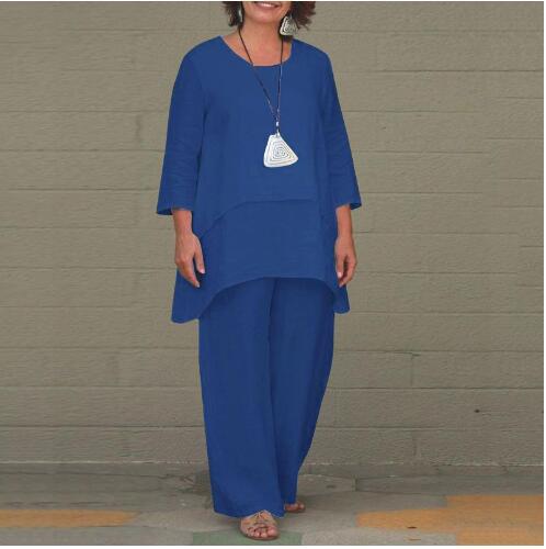 Linen Blend Two Piece Set Wide Leg Pants Plus Size Solid