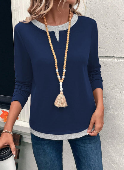 Color block layered look top split neck long sleeve