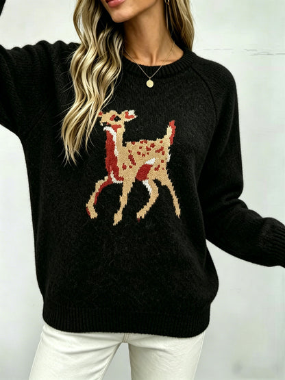 Women's Cute Deer Crewneck Knit Pullover Sweater