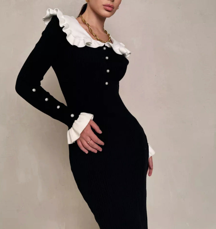 Ruffle Collar Colorblock Knit Bodycon Midi Dress Long Sleeve