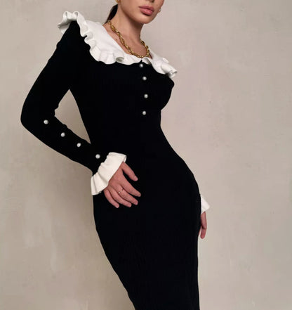Ruffle Collar Colorblock Knit Bodycon Midi Dress Long Sleeve