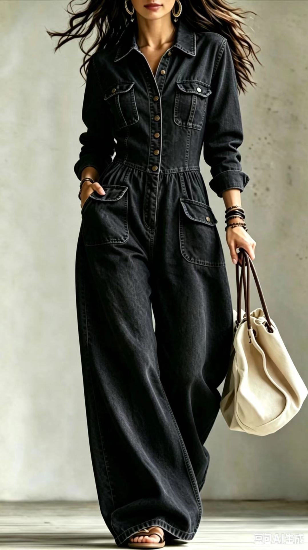 Denim Cargo Jumpsuit Women Long Sleeve Wide Leg Washed