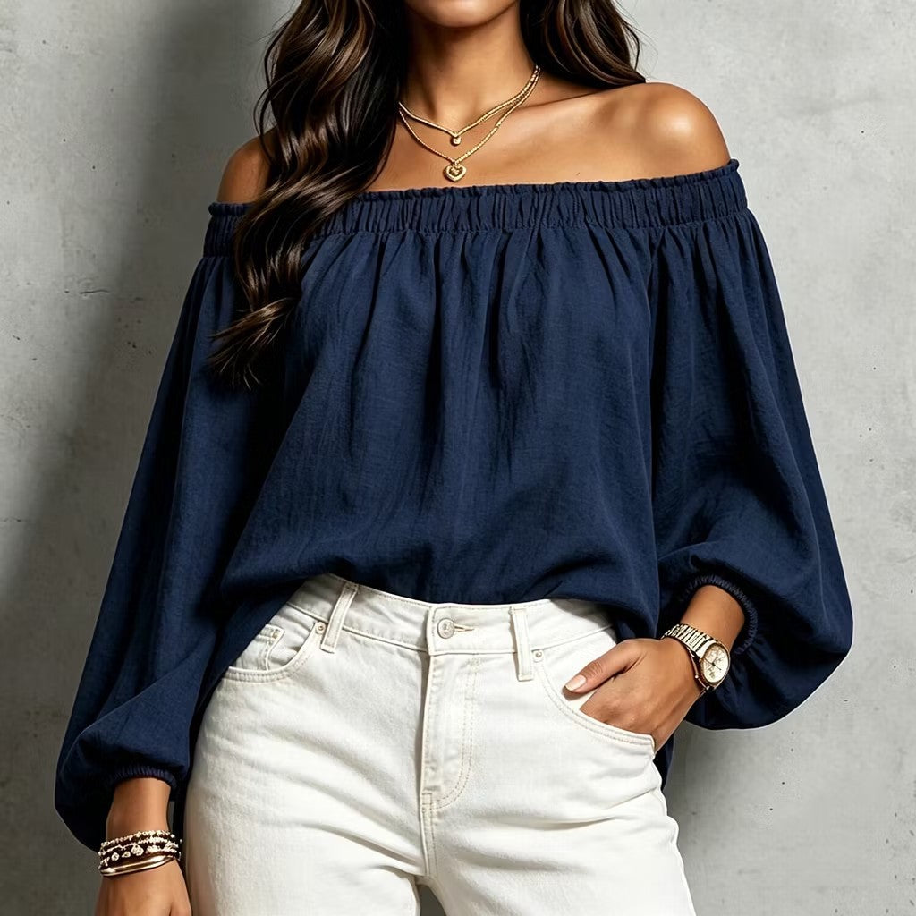 Women's Off Shoulder Smocked Blouse Puff Sleeve Loose Top