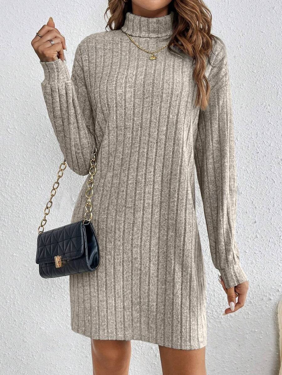 Women's Ribbed Turtleneck Sweater Dress Long Sleeve
