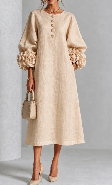 Women's Linen Midi Dress 3D Floral Cuff Button Front