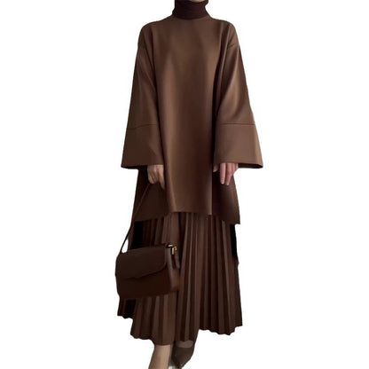 Women Oversized Sweatshirt Pleated Maxi Skirt Set