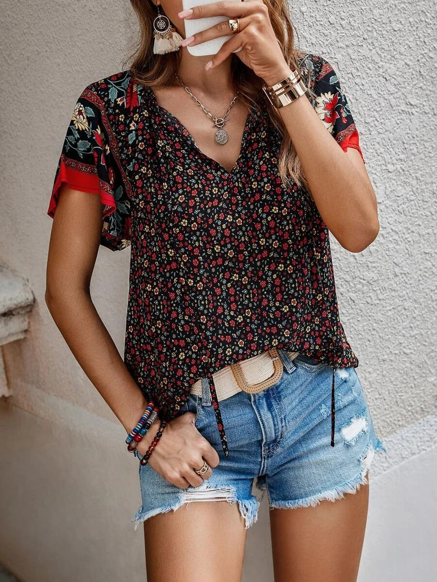 Short-Sleeve Top V-Neck Printed Celebrity Style Casual Loose Shirt