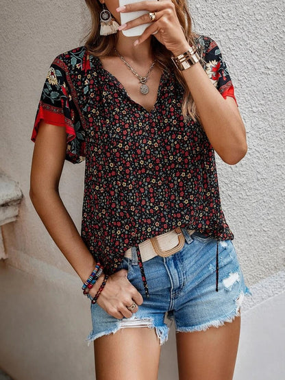 Short-Sleeve Top V-Neck Printed Celebrity Style Casual Loose Shirt